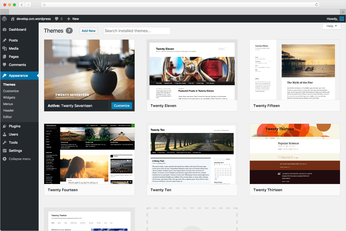 WordPress default themes - backend screenshot