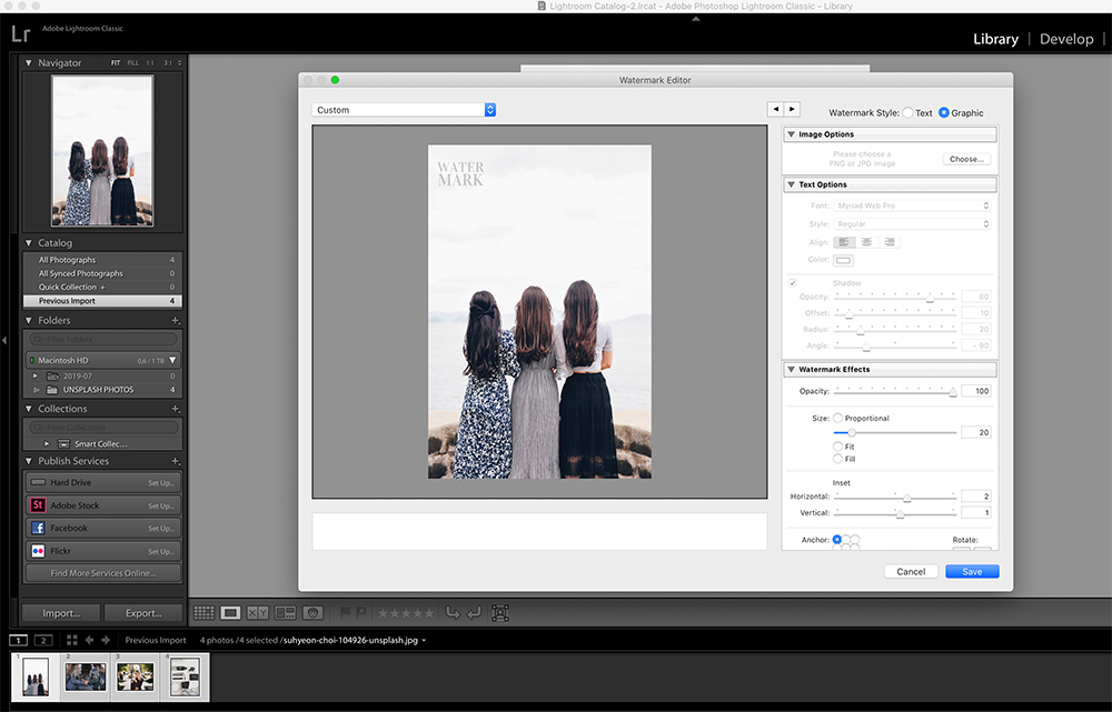 Step Three: Setting up watermark options in Lightroom