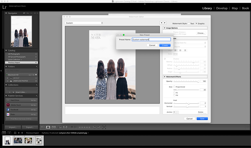 Step Four: Saving watermark presets in Lightroom
