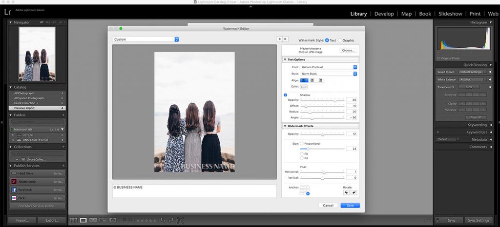 Setting the opacity in Lightroom