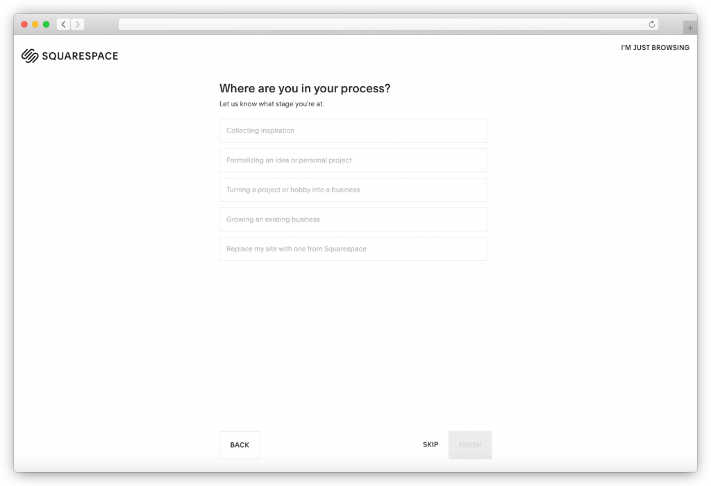 Squarespace - choose a reason for which you're creating a website