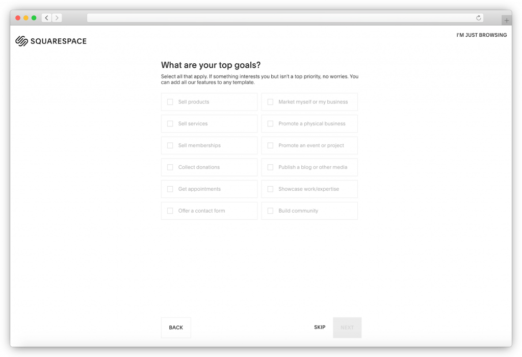 Squarespace - choose a goal for your website