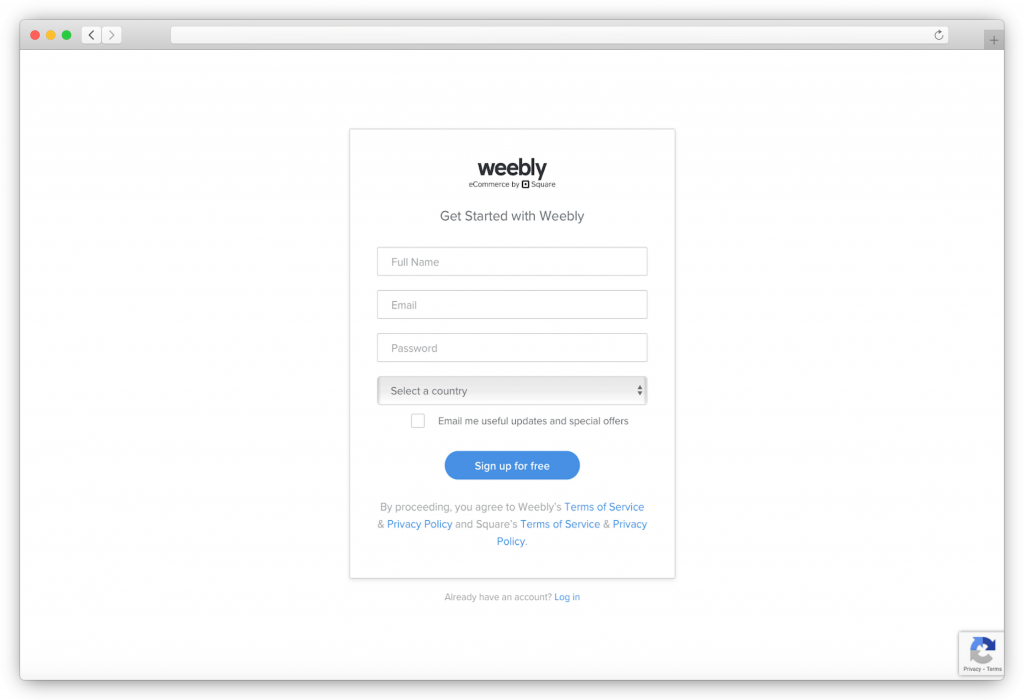 Weebly - sign-up page