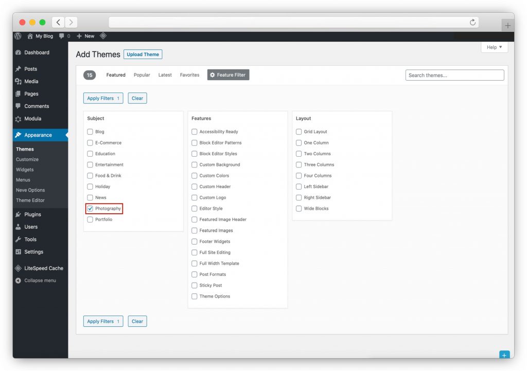 The WordPress theme directory search panel