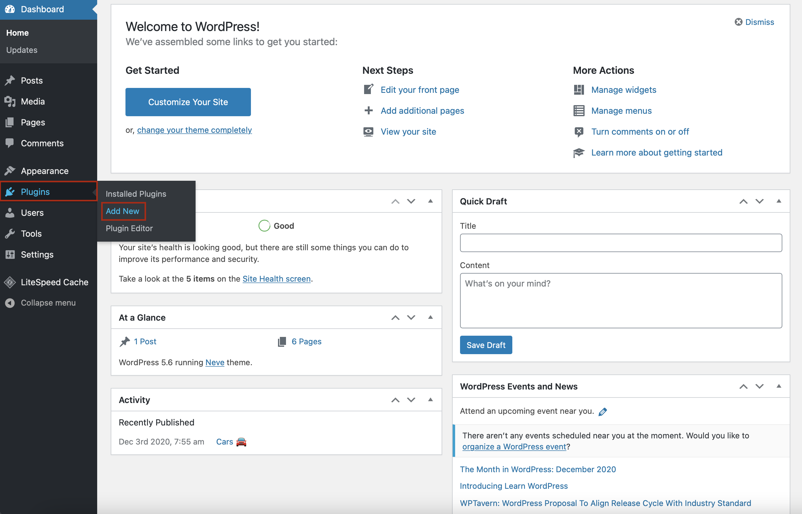 WordPress dashboard