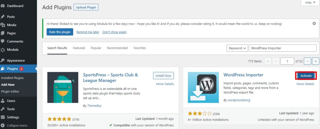 Activate WordPress Importer