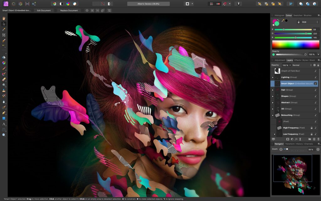 Affinity Photo interface with settings and toolbars