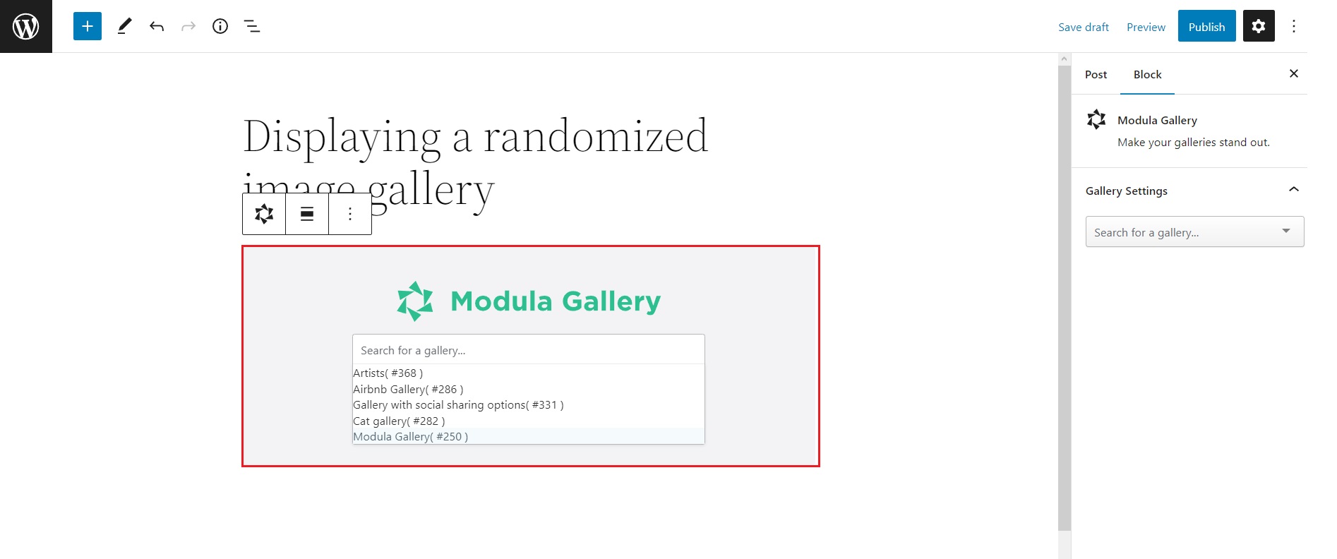 Displaying the gallery using Modula block