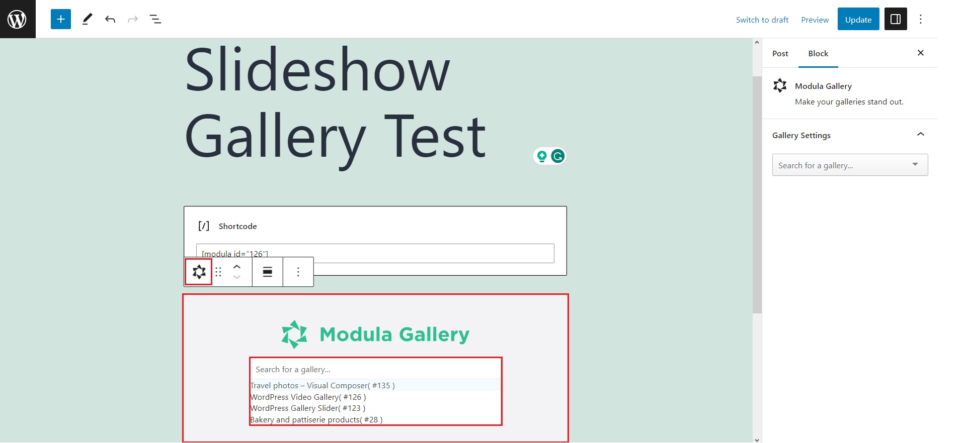 Select Modula block and the gallery from the drop down menu