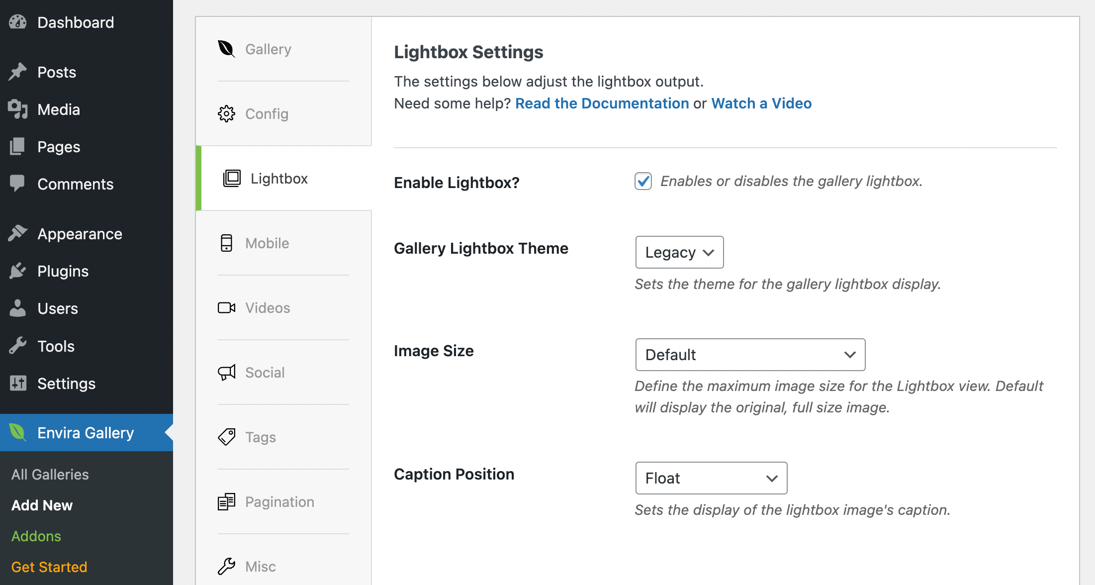 Envira lightbox settings