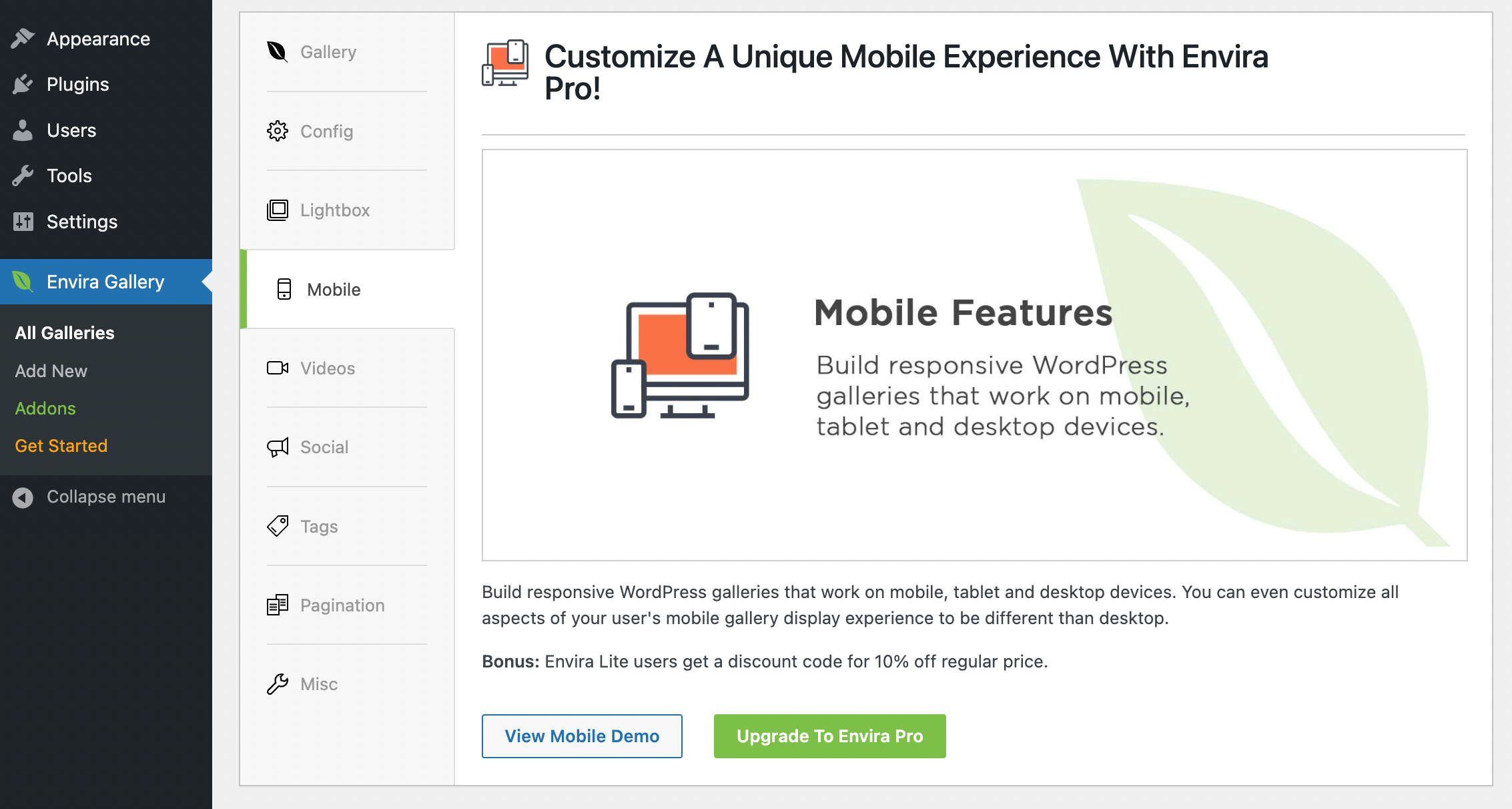 Envira mobile features