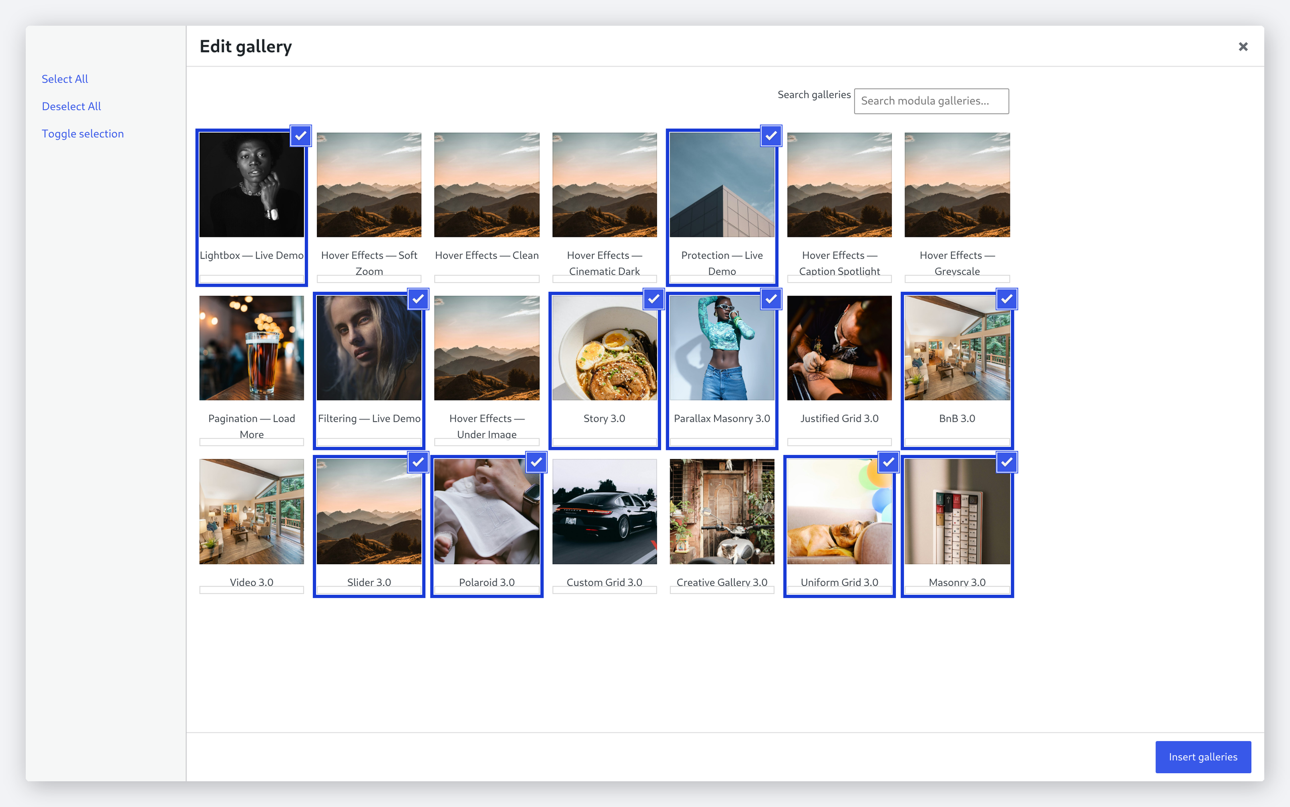 The real Modula gallery selector modal with live preview cards