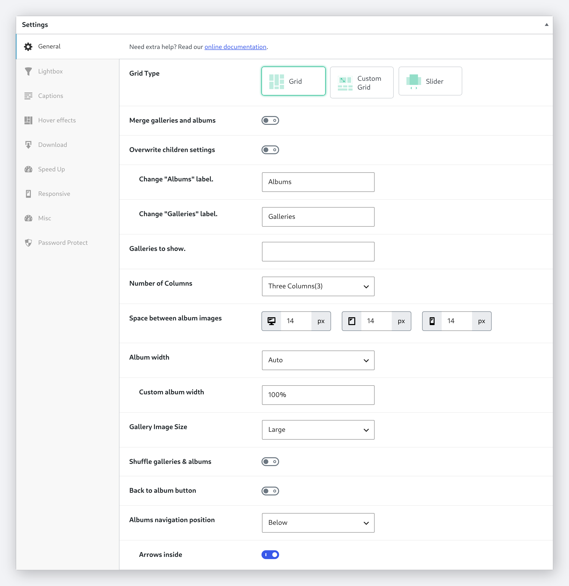 Real Modula album settings — grid type, columns and spacing