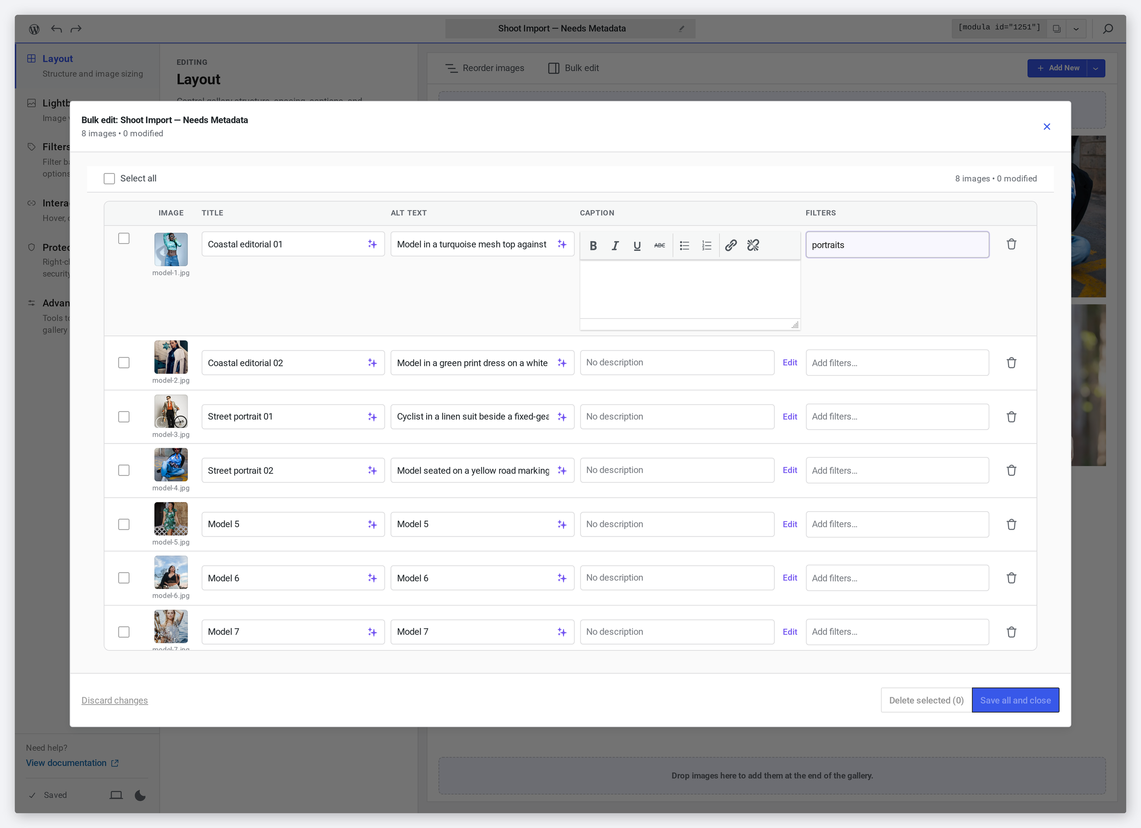 A caption cell expanded into a formatting editor beside a filter being typed