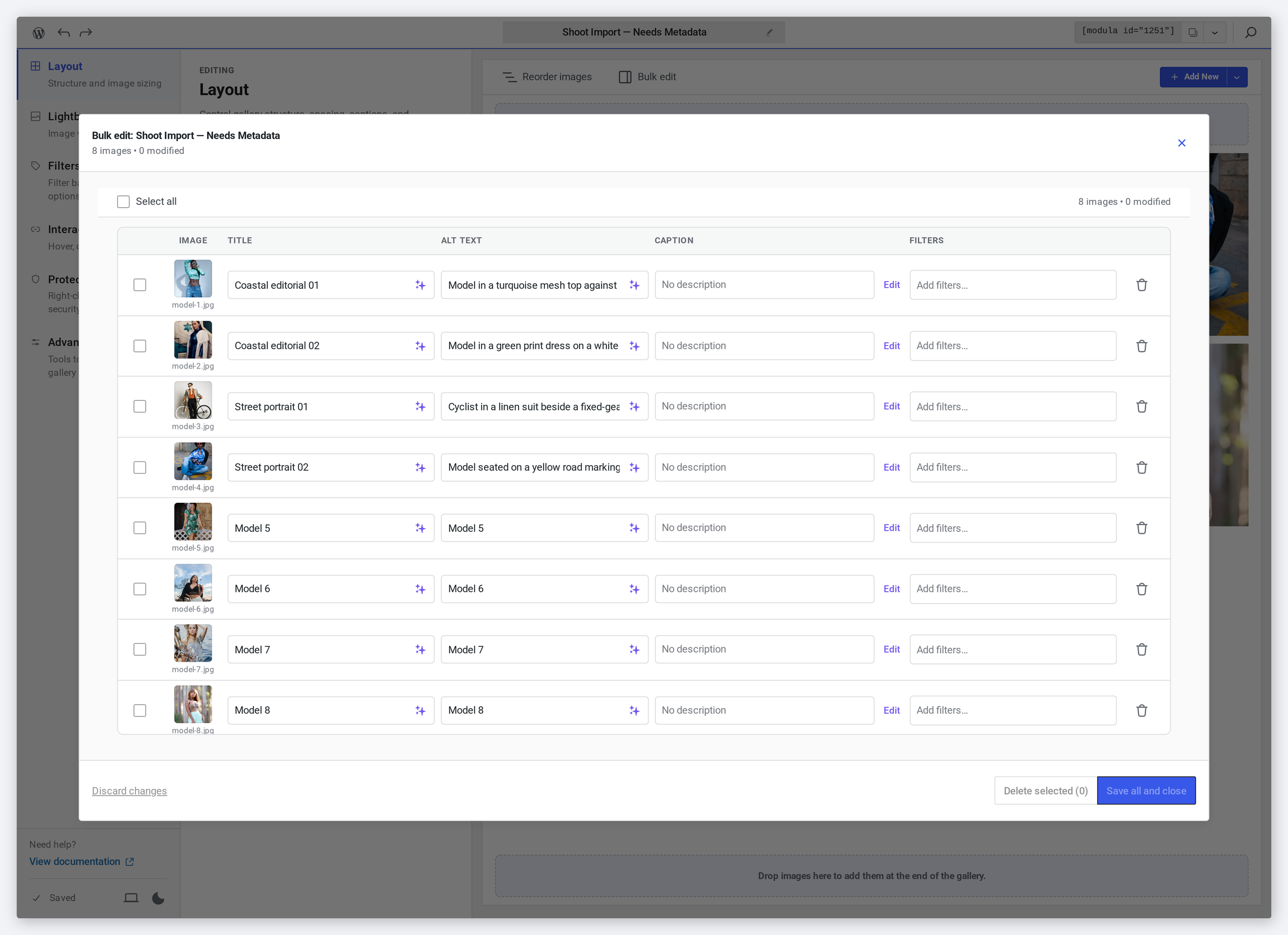 The Modula bulk editor with every image listed as an editable row