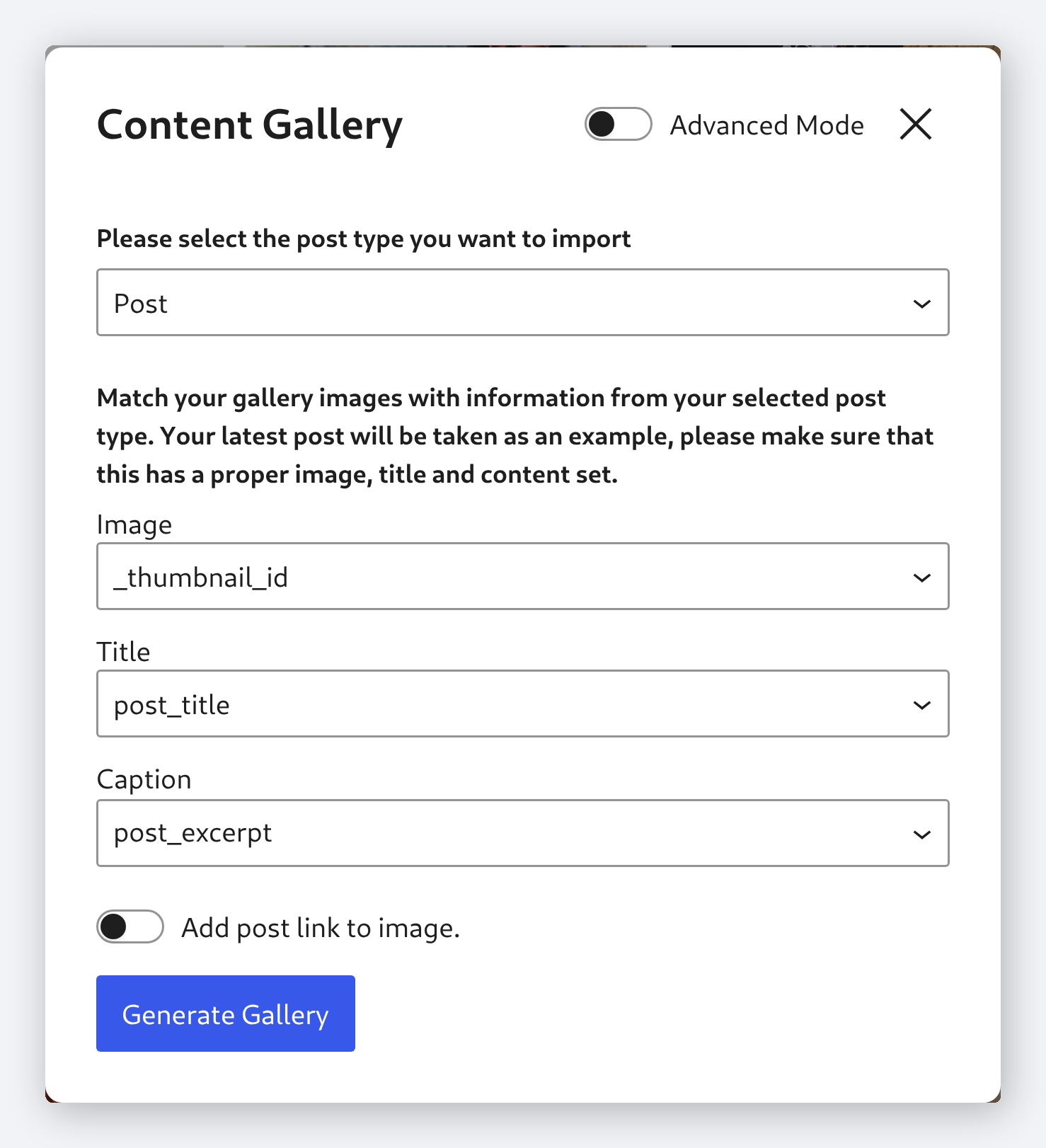 The Content Gallery dialog mapping the featured image, post title and excerpt