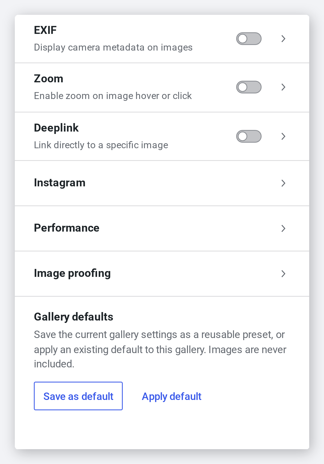 The Modula Defaults Actions panel with the Create Default action