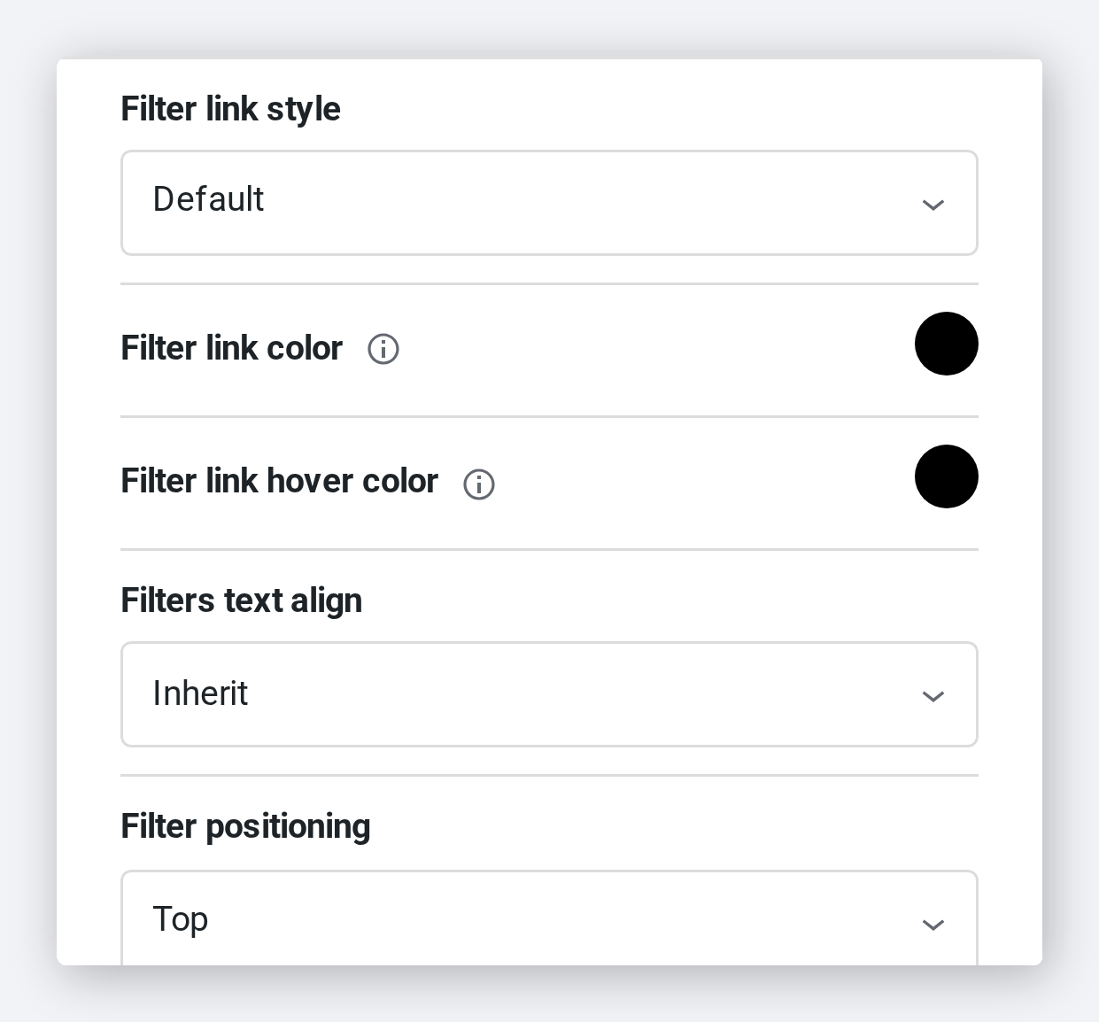 Filter appearance settings: style, colours, alignment and position