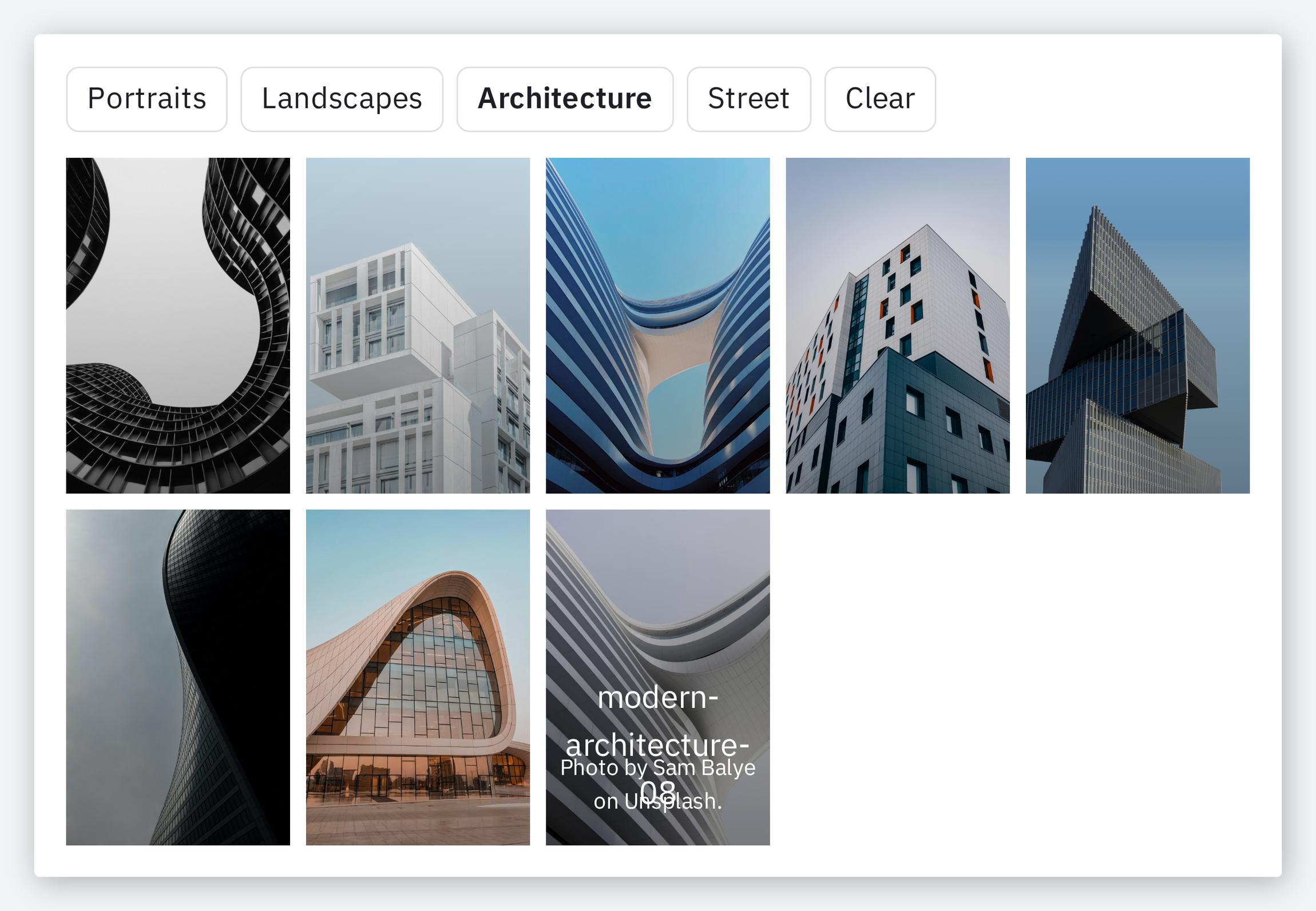A published gallery filtered to Architecture with the active term marked