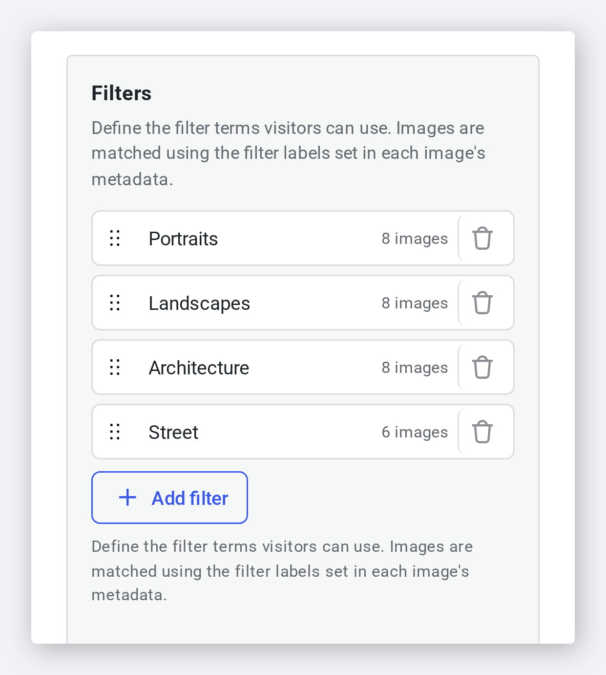 The Filters panel listing each term and how many images carry it