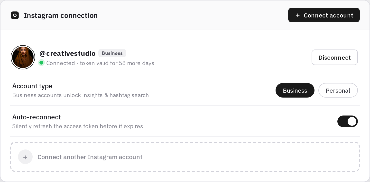 Modula Instagram connection panel — connected business account with auto-reconnect
