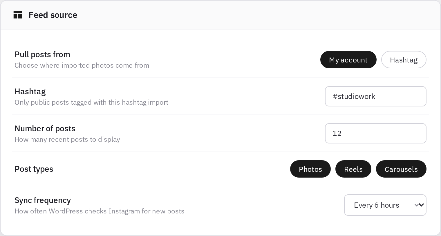 Modula feed source settings — pull by account or hashtag, post count, sync frequency