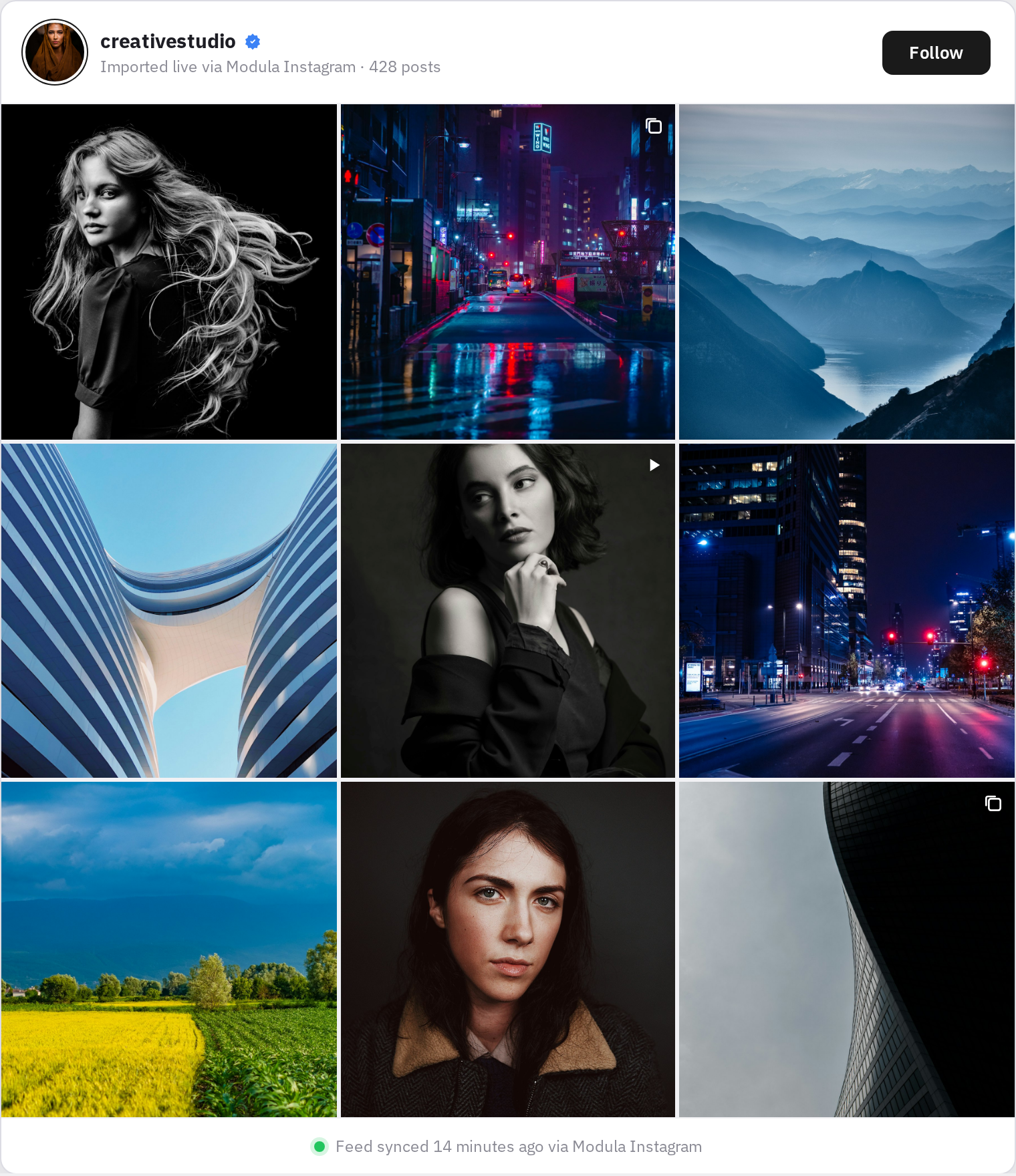 Frontend Instagram feed — square photo grid with avatar header, handle, and Follow button