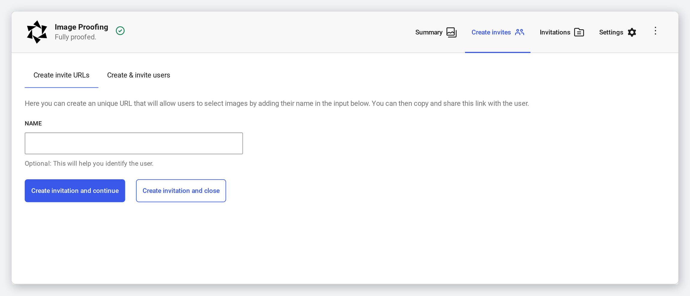 The Create invites screen with a private invite URL or a full client account