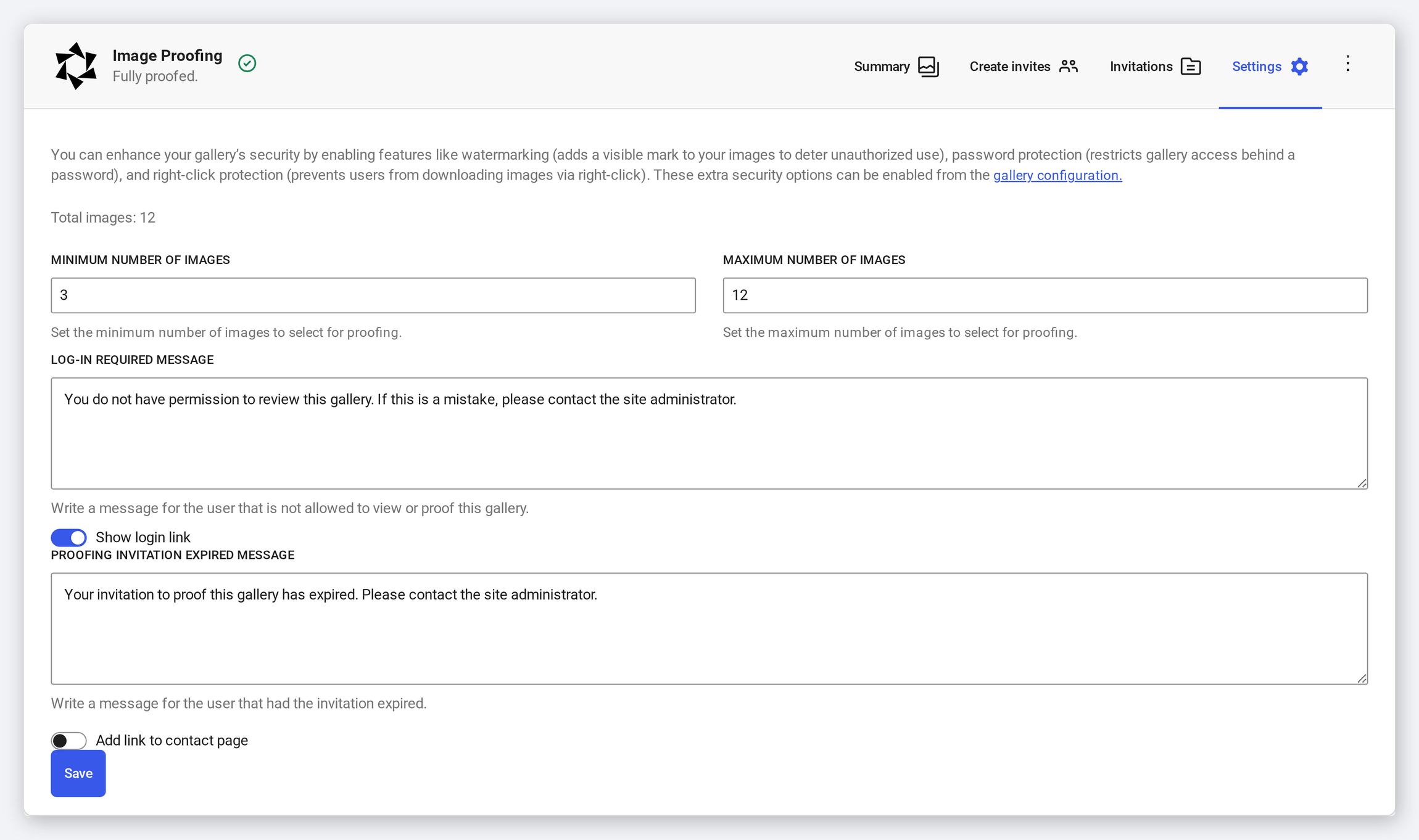 The proofing settings: minimum and maximum images and the access messages