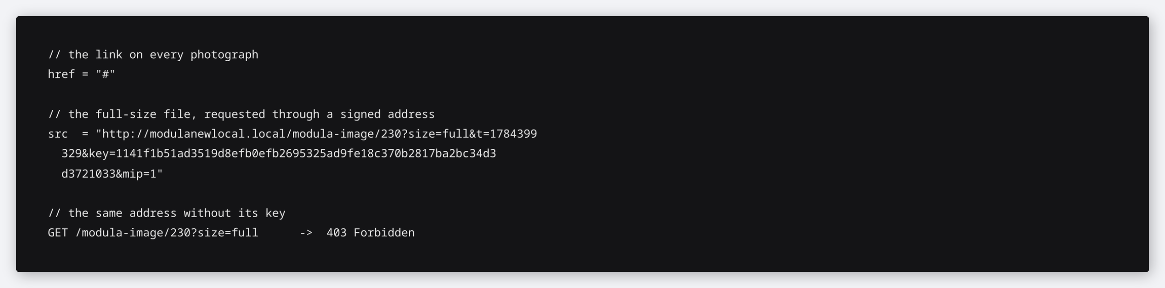 The markup of a protected gallery: links that go nowhere and a signed address for the full-size file