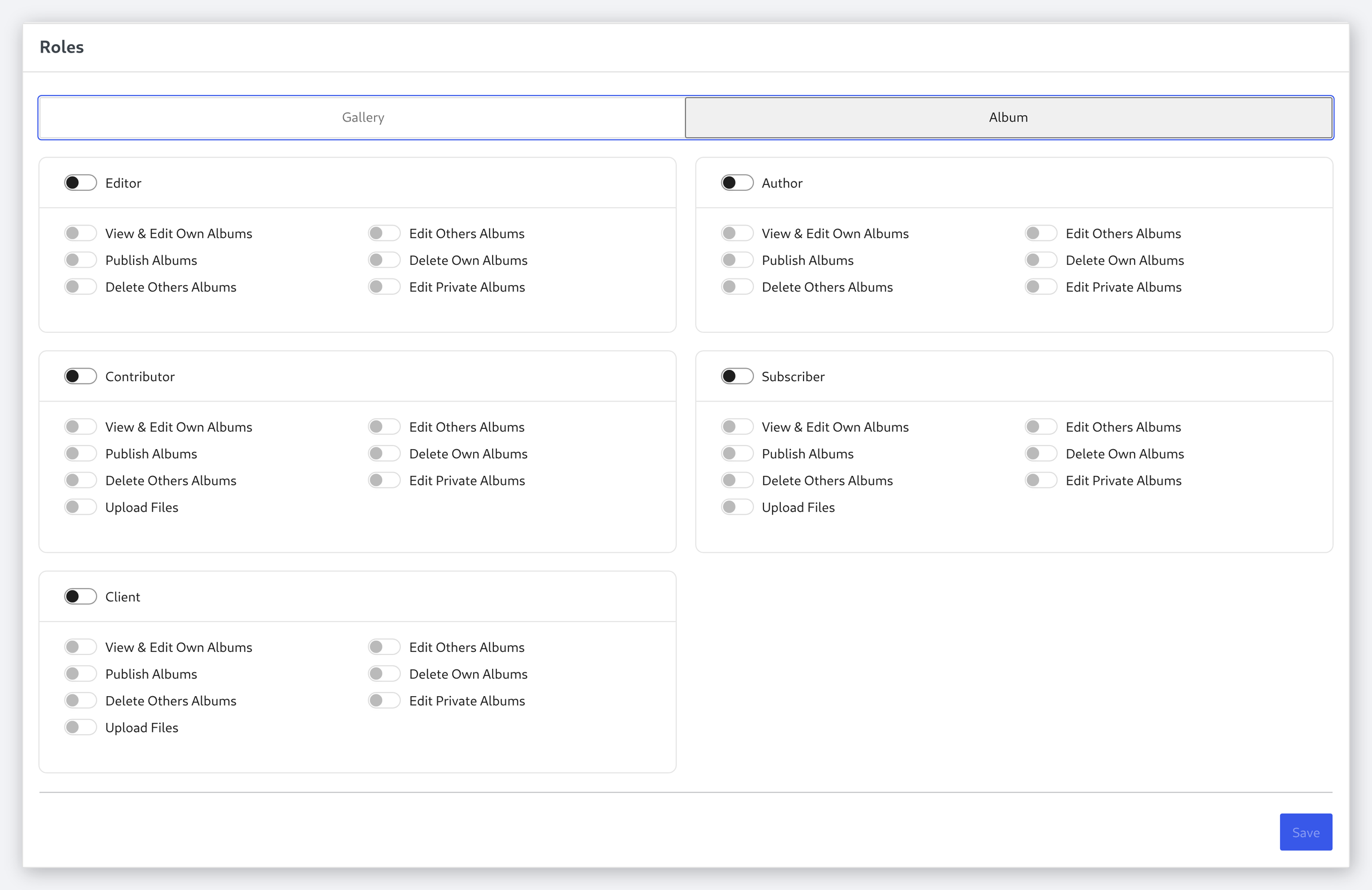 The album tab of the roles panel