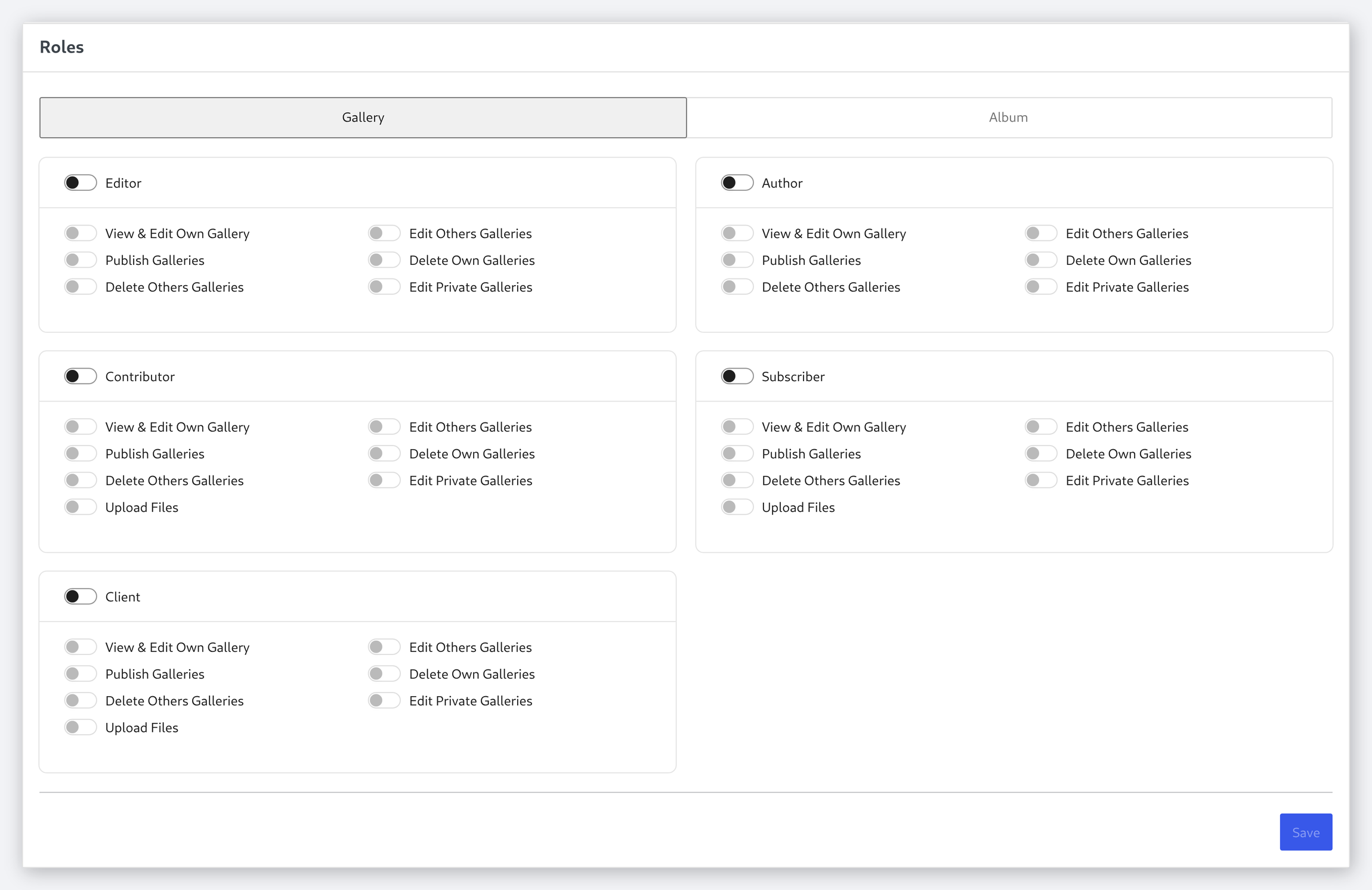 The roles panel showing gallery capabilities for each role