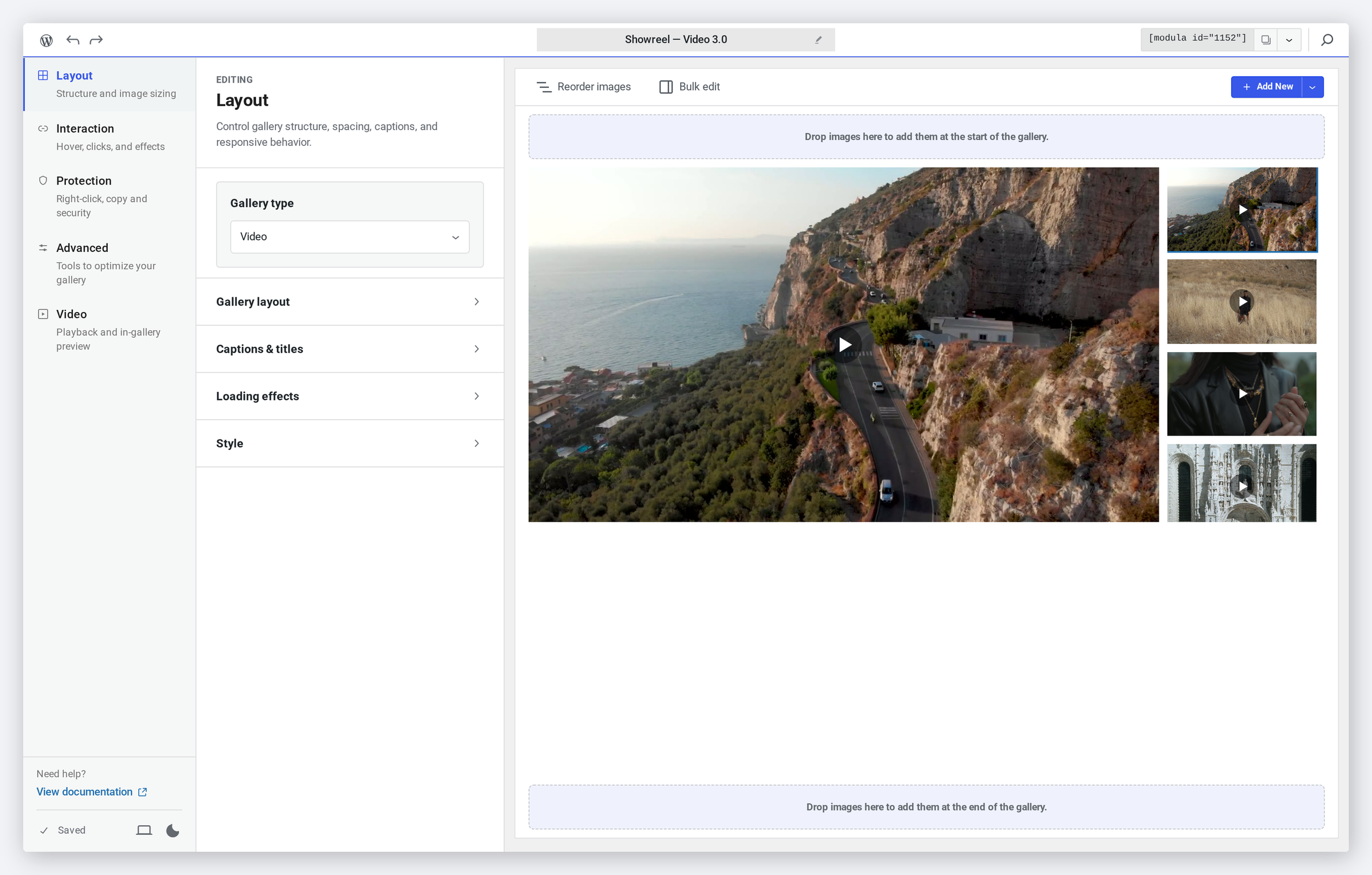 The real Modula 3.0 editor with a video gallery and playlist preview