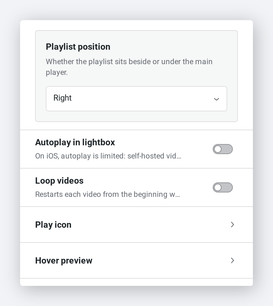 Real Modula video settings — playlist position, autoplay and loop