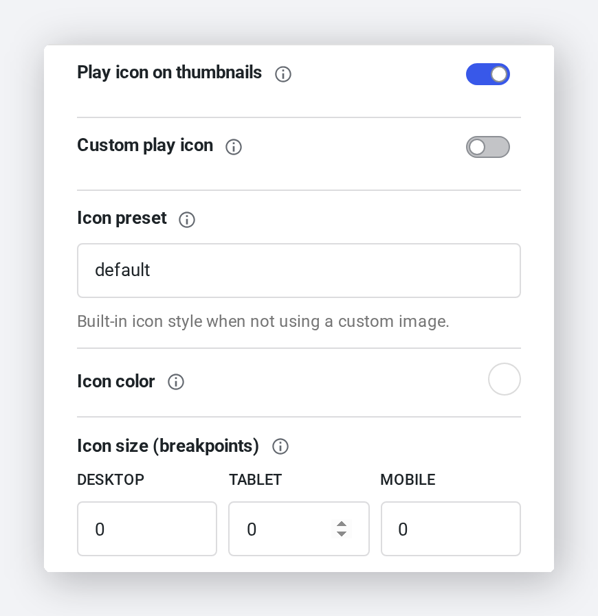 Real Modula play-icon settings — preset, colour and size per breakpoint