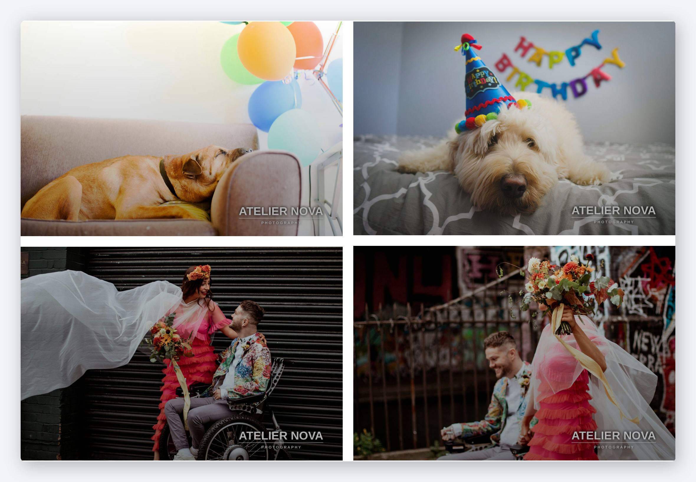 A published Modula gallery where every photograph carries the Atelier Nova watermark bottom-right