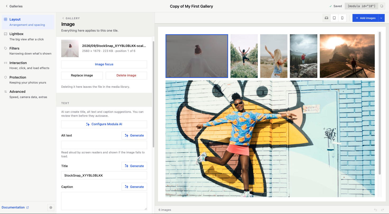 Editing an image in the Modula 3.0 sidebar with metadata and focus point