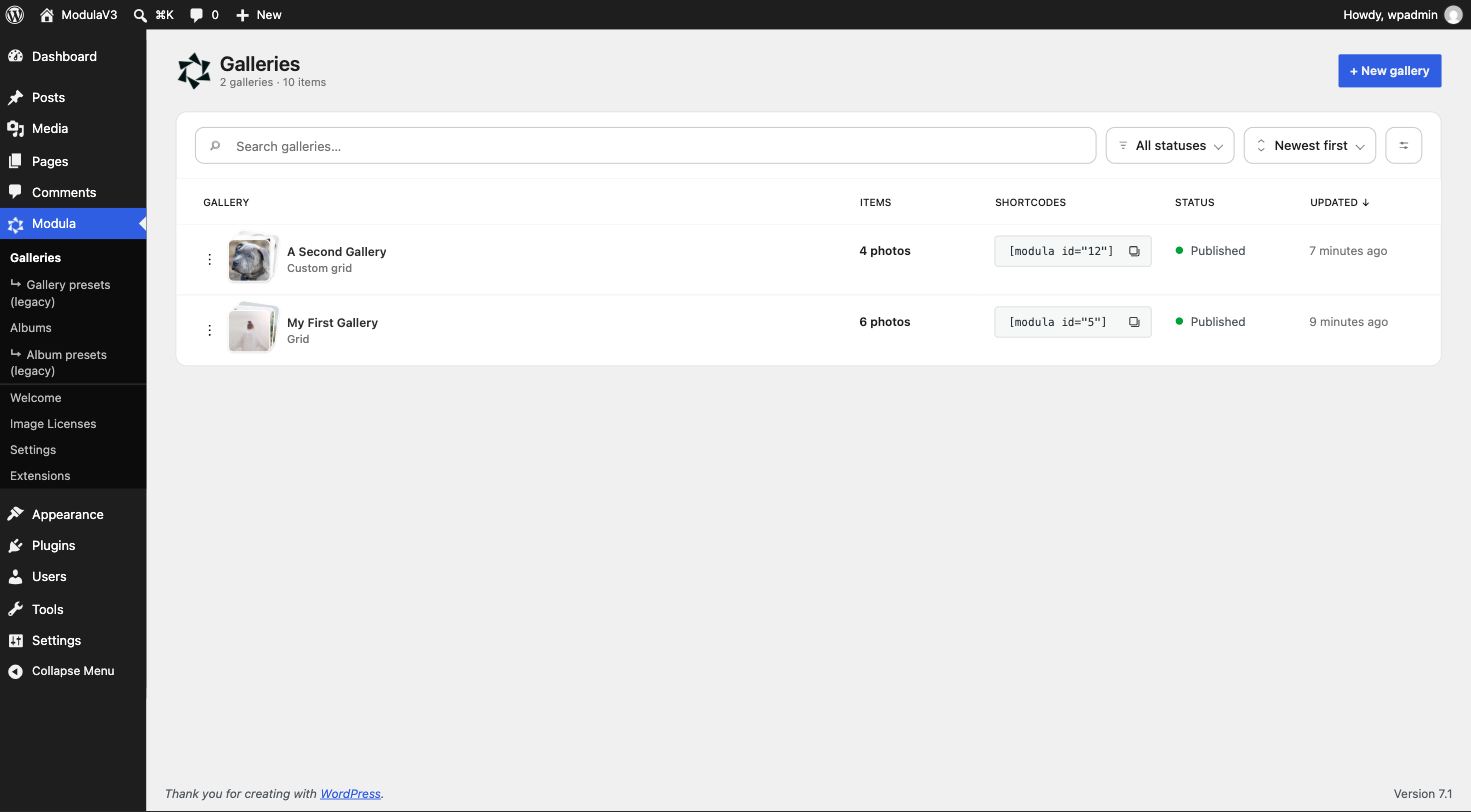 Modula 3.0 new galleries listing screen with thumbnails, status and relative update times