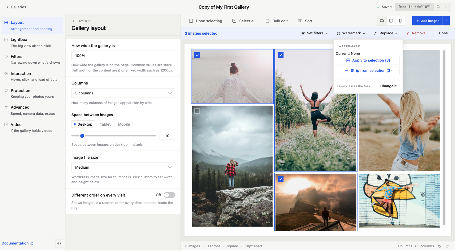 Watermarking a selection of images in the Modula 3.0 editor