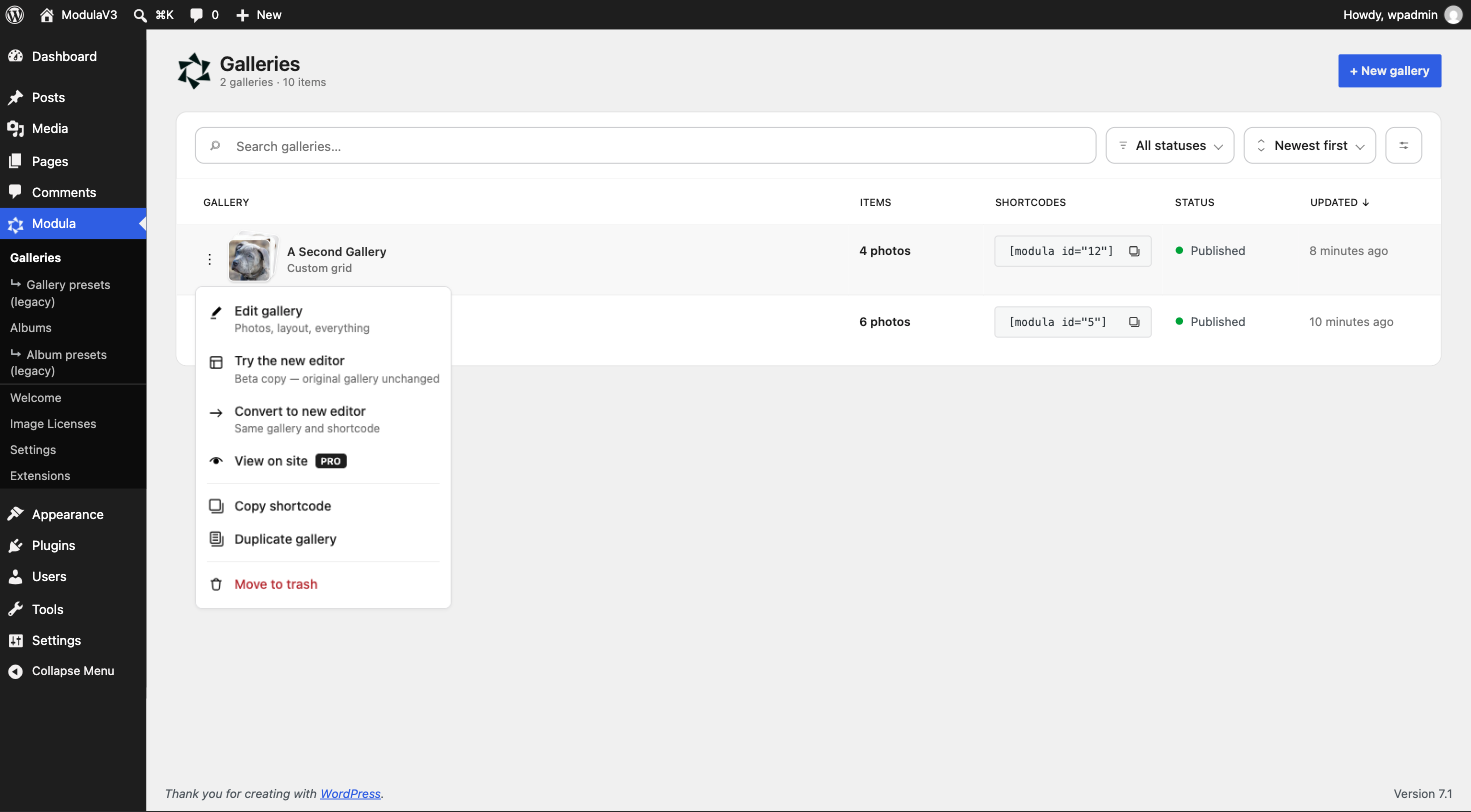 Per-gallery quick actions menu in the Modula 3.0 galleries list