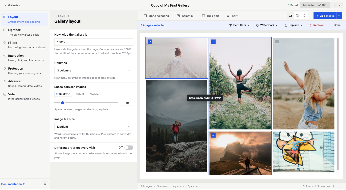 Select-multiple mode with checkboxes on gallery tiles in Modula 3.0