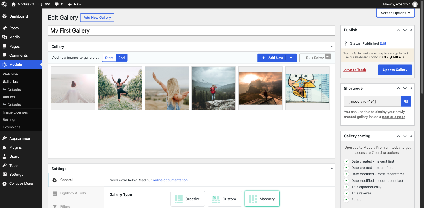 The old Modula gallery editor: a settings page with tabs and fields